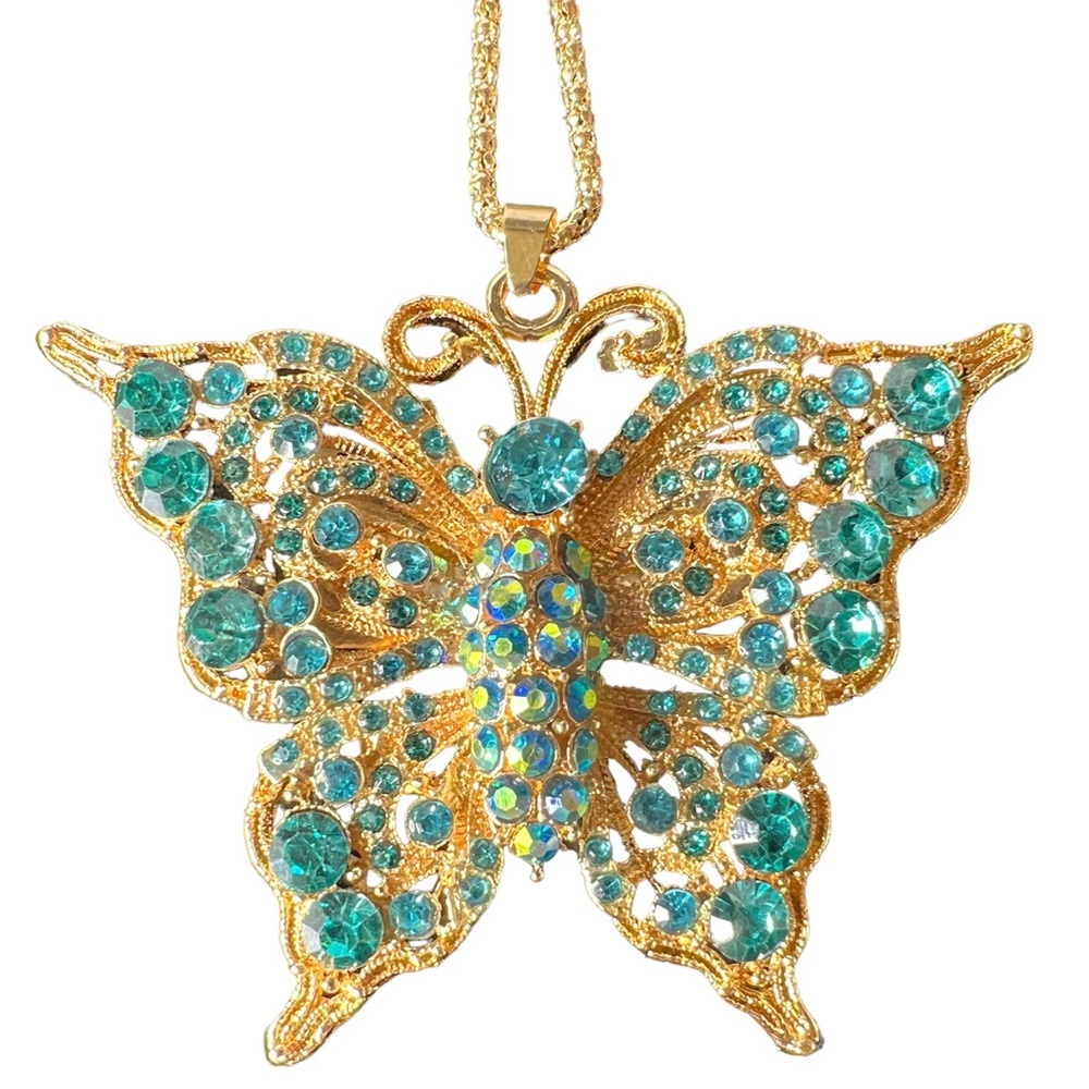 Betsey Johnson Gold Butterfly Necklace with Teal Crystals